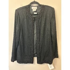 Laurence Kazar NEW Black Jacket Silk Beaded Long Sleeve Open Front Small Vintage
